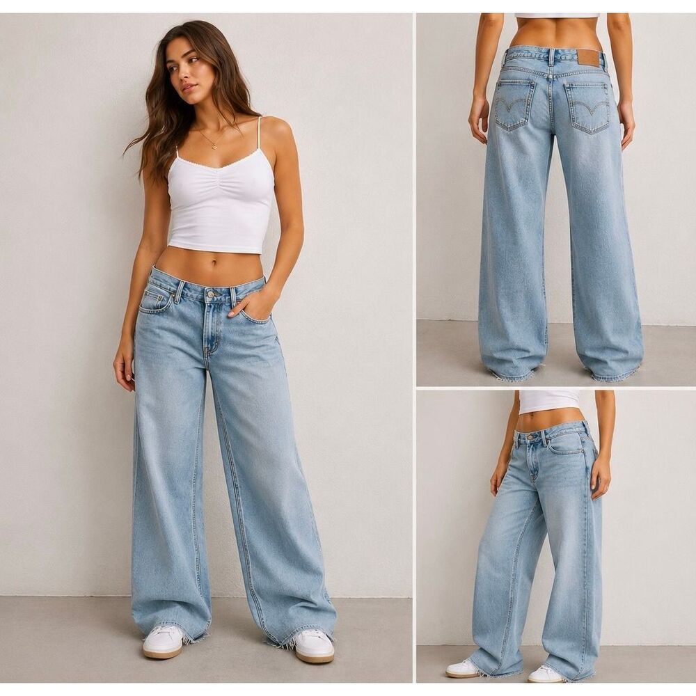 Hollister Low Rise Baggy Jeans W26 Short Light Wash Wide Leg Y2K